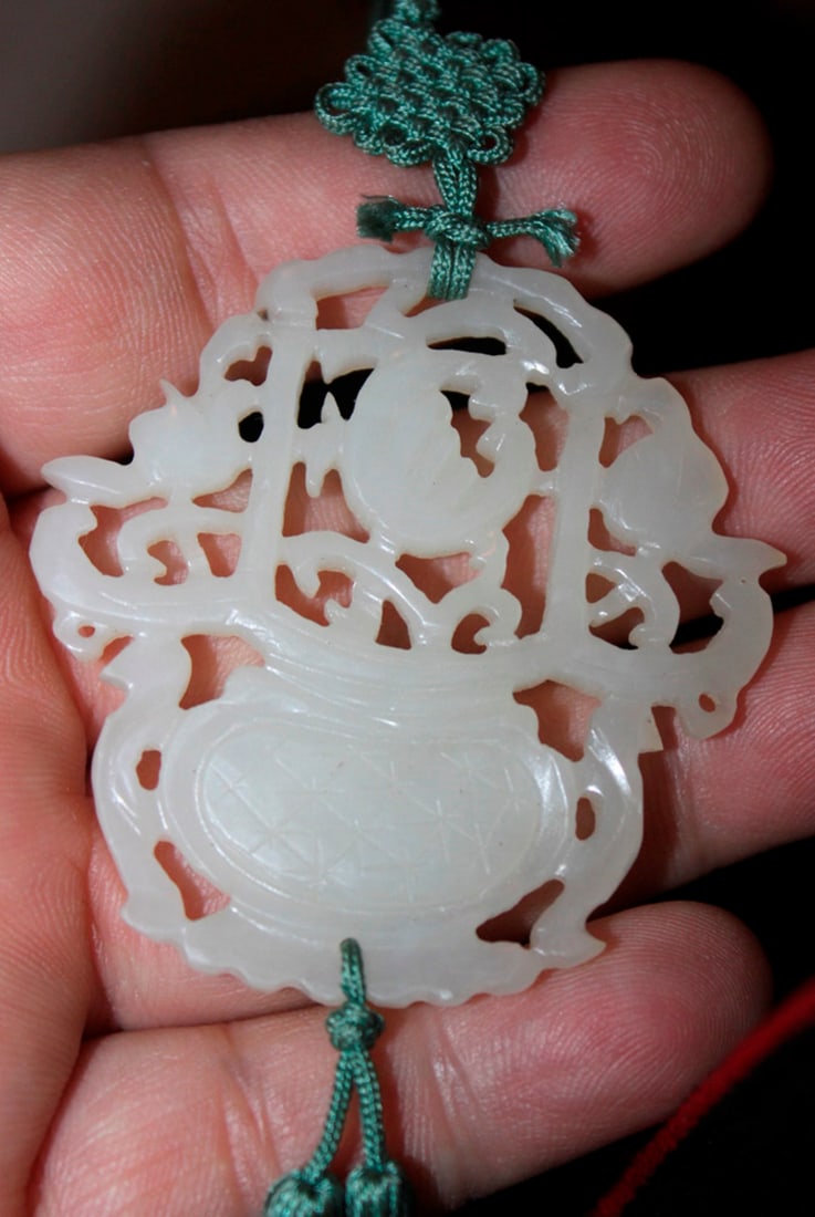 Antique Chinese White Jade Pendant with Tassle: 19th Century - Very nice white jade - carved on both sides. 2" in diameter.