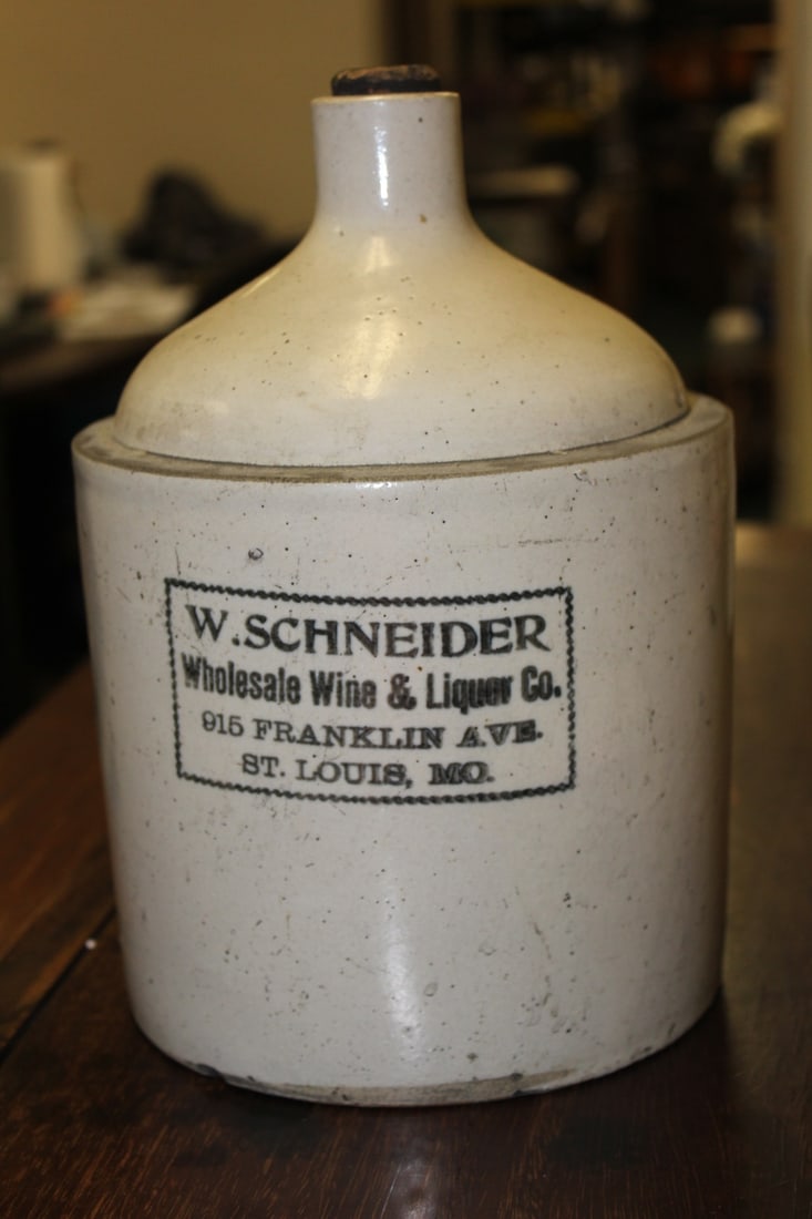 W. Schneider Stone Crock: W. Scheider Wholesale Wine and Liquor Company - 10 inches tall - 19th century