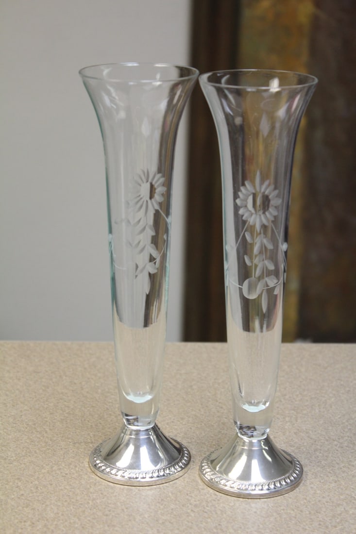 Pair of Etched Glass Stem Vases: weighted sterling base - 9 5/8" tall each
