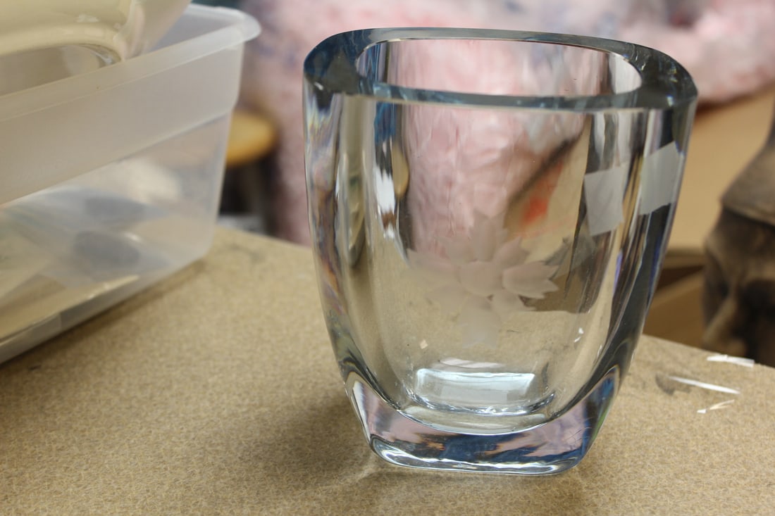 Thick Etched Glass Vase/Bowl: 5 inches tall