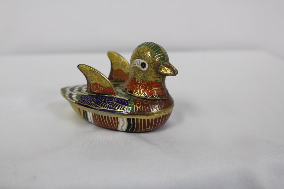 A Chinese Cloisonne Duck Form Trinket Box: 2 7/8" long