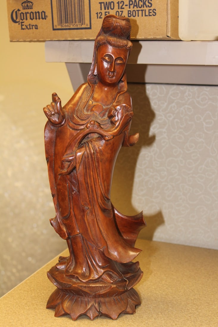 Vintage Wooden Chinese Kwan Yin: please note: age cracks - 14" tall