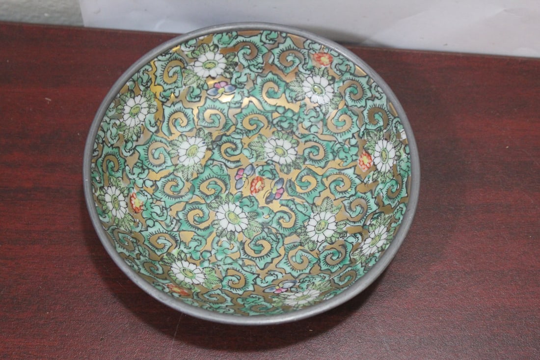 A Pewter Porcelain Plate or Bowl: Decorated in Hong Kong - 5 3/4" in diameter