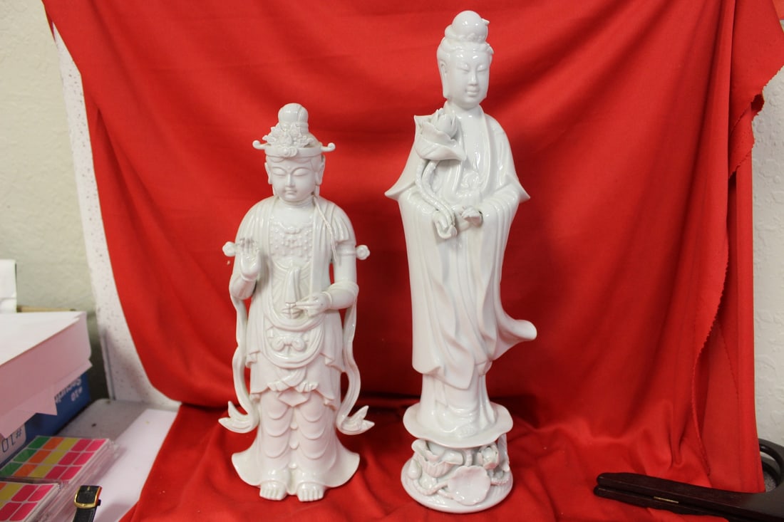 Lot of Two Chinese Blanc de Chine Figurines: please note: finger loss - taller= 15 inches
