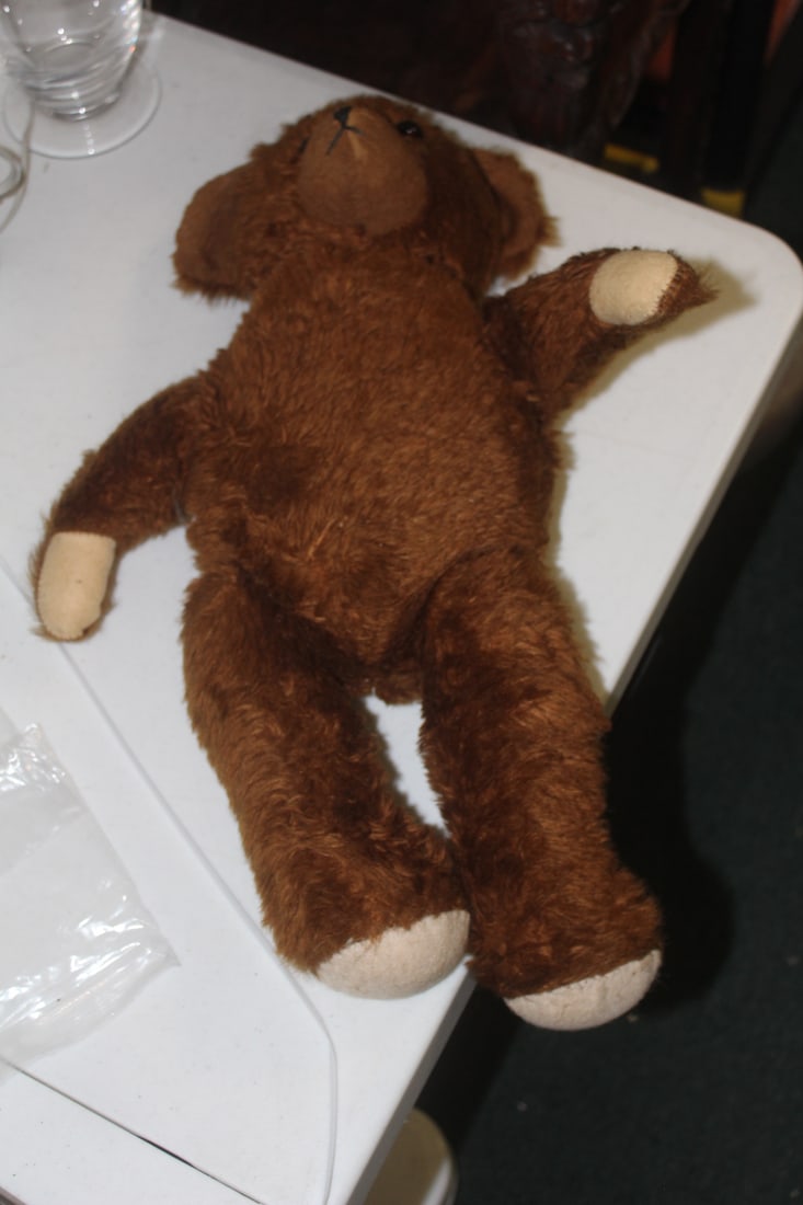 Antique/Vintage Joint Teddy Bear: most likely mohair - glass eyes - 19 inches long