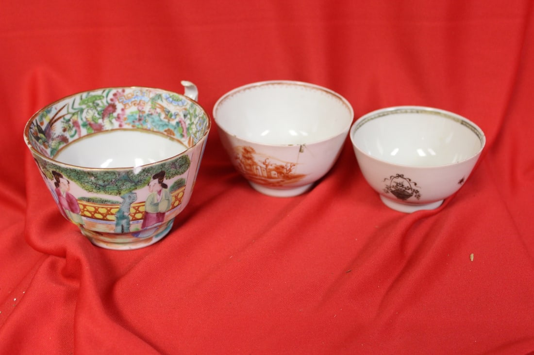 Lot of 3 Chinese Export Cups: 19th century - please note: chips/hairlines/blemishes on all three - tallest= 2 3/4"