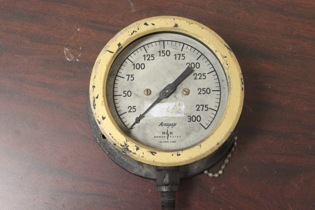 An Antique Pressure Gauge: top measurement: 5 1/4" in diameter - please note: no glass