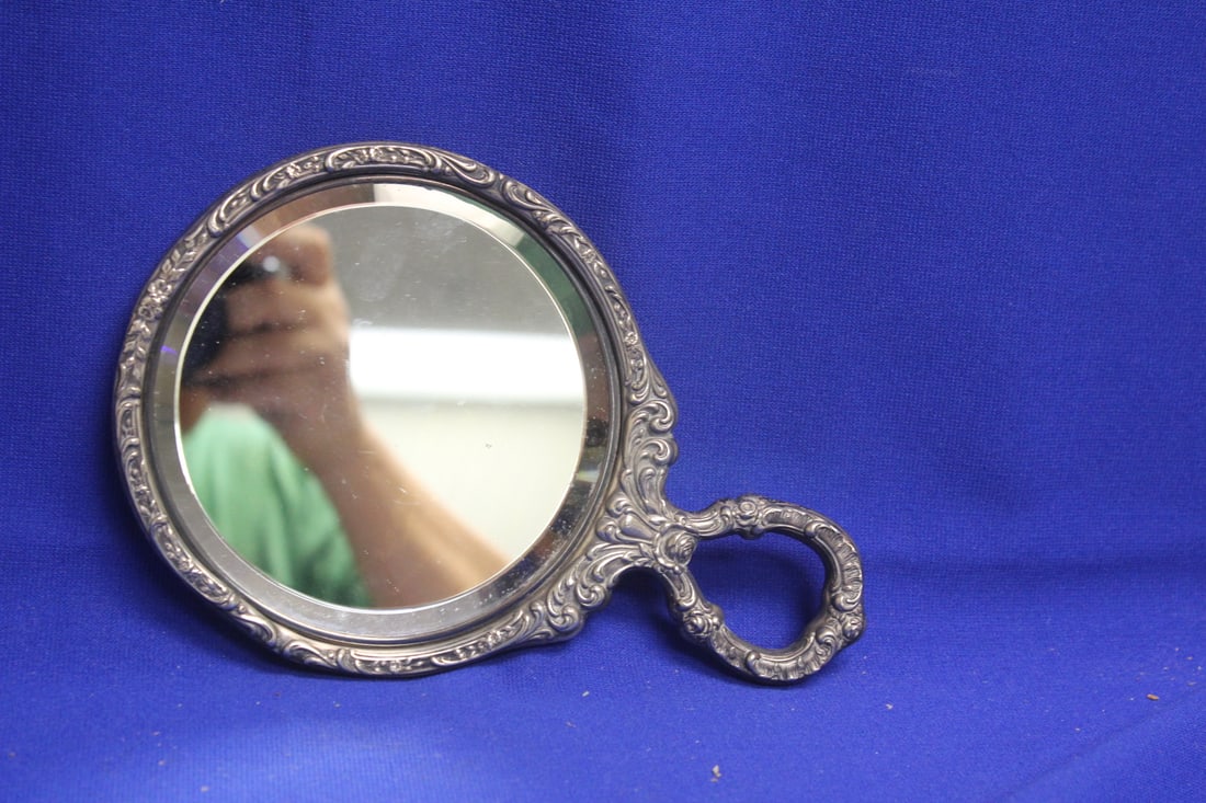 Sterling Ornate Mirror: please note: monogram - 8 1/4" across
