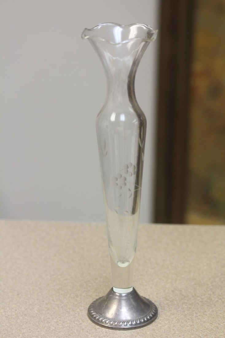 Etched Glass Vase: sterling base rim - 10 1/4" tall