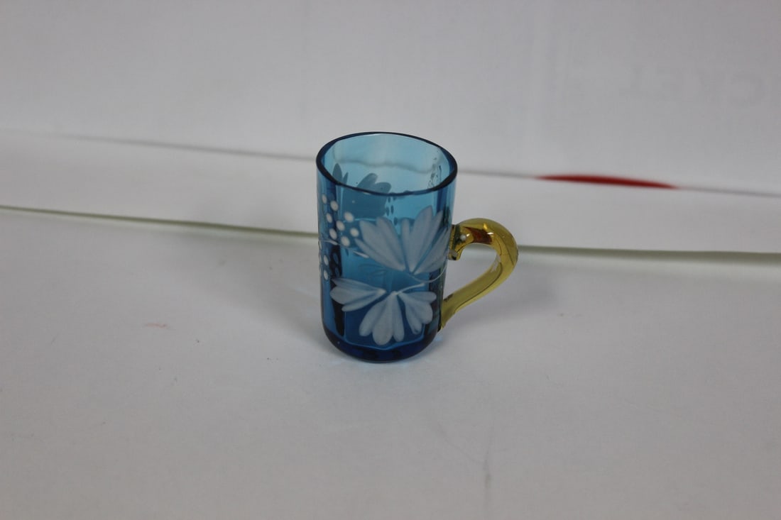 A Teal Blue Miniature Glass mug: 2" tall - handpainted