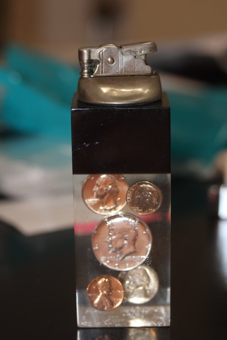 1965 Coin Set: inside a lucite pyramid - 90% silver - 5 5/8 inches tall