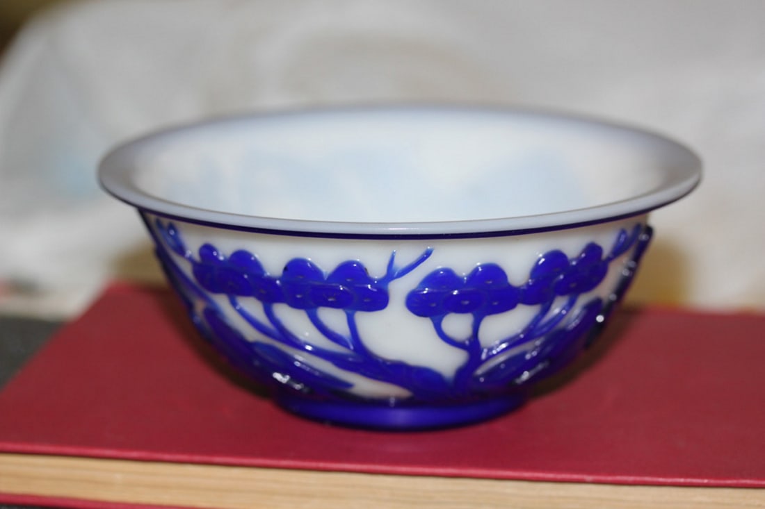 Antique Chinese Blue and White Peking Glass Bowl: Approximately 6" in diameter. Circa late 19th / early 20th century.