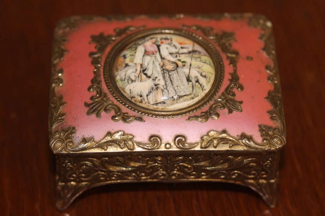 Vintage Metal and Porcelain Trinket Box: 3 inches across
