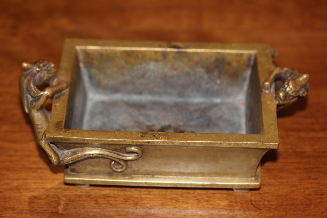 Chinese Bronze Two Dragon Plant Pot: well carved - signed - 7 3/8" across