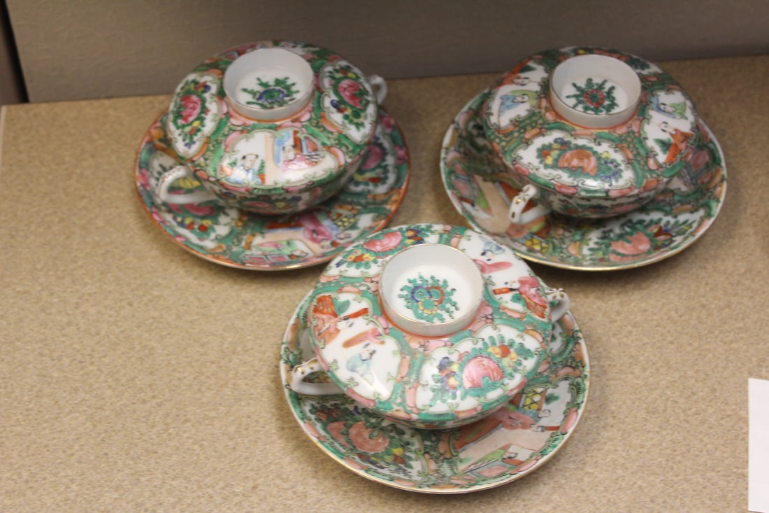 Antique Chinese Rose Medallion Articles: lot of 3 - two handles cups and saucers with lids - saucers= 5 5/8" in diameter