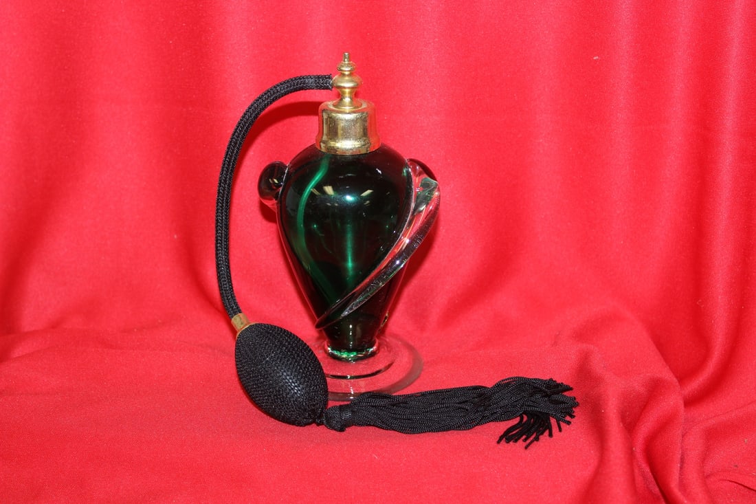 A Green Glass Parfume Bottle: with atomizer - 6 1/8" tall