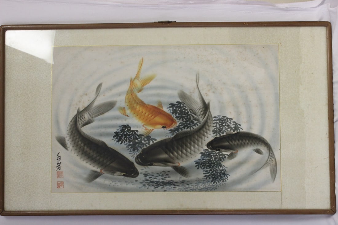 An Antique/Vintage Chinese Watercolour on Silk: Signed with two seals - framed - overall= 36 1/2" x 21" - sight= 25" x 16"