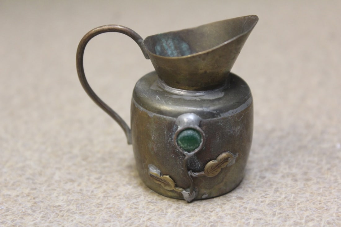 Copper and Gemstone Miniature Pitcher: marked "China" - 2 inches tall