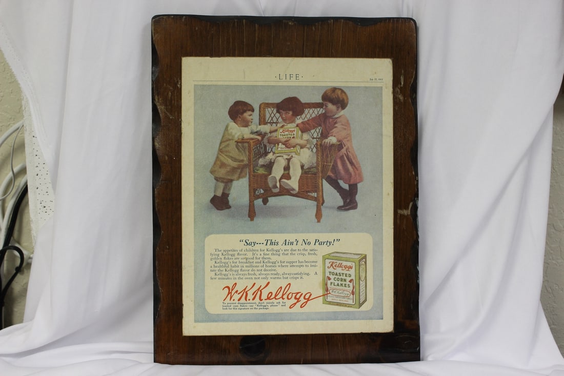 W.K. Kellog Old Advertisement: Toasted cornflakes - dated July 1913 - laminated on wood - overall = 15 1/4"x 11 3/8"