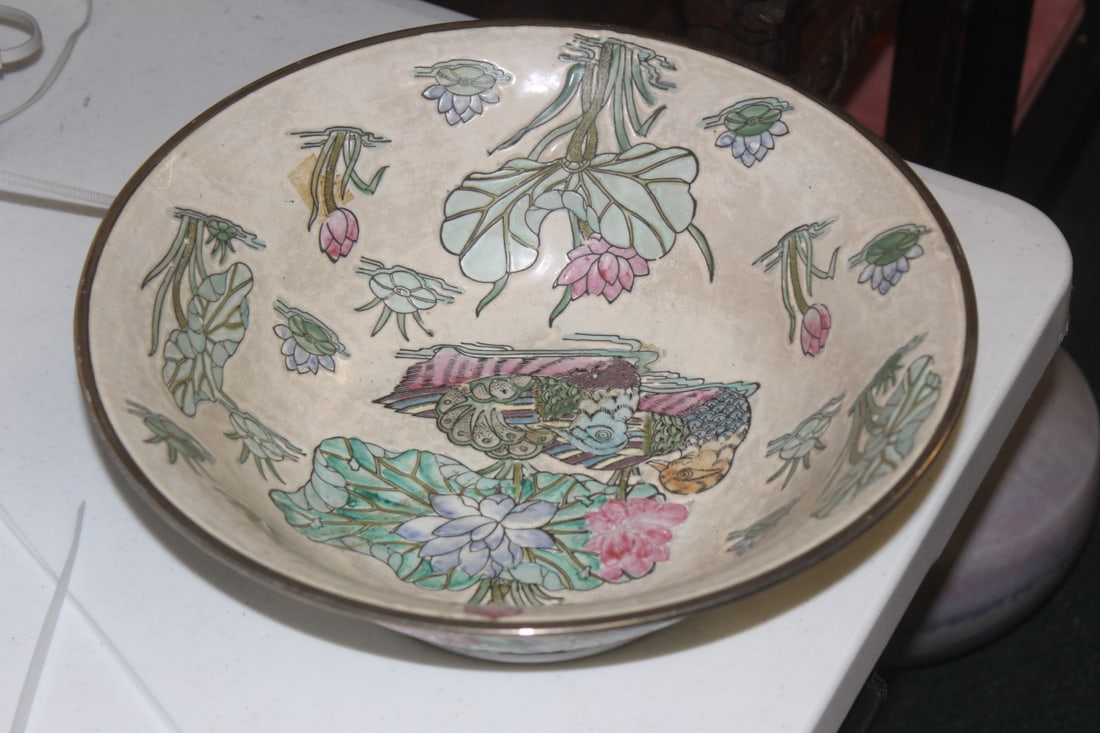 Signed Chinese Decorative Center Bowl: 13 inches in diameter