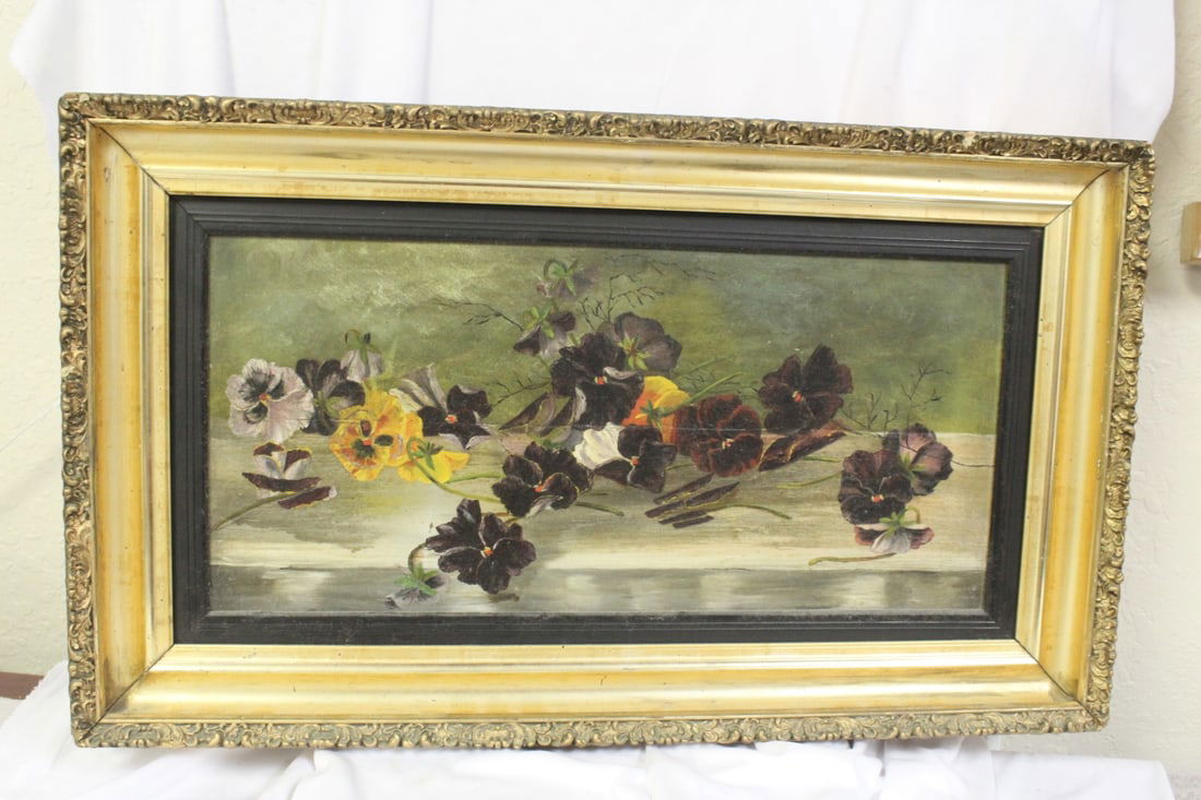 An Oil on Board of Flower: still life - wooden board - overall= 24" x 14"