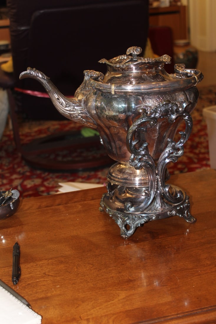 Victorian Silverplate Kettle Warmer: very ornate - unused - overall= 14 inches tall when handle is down