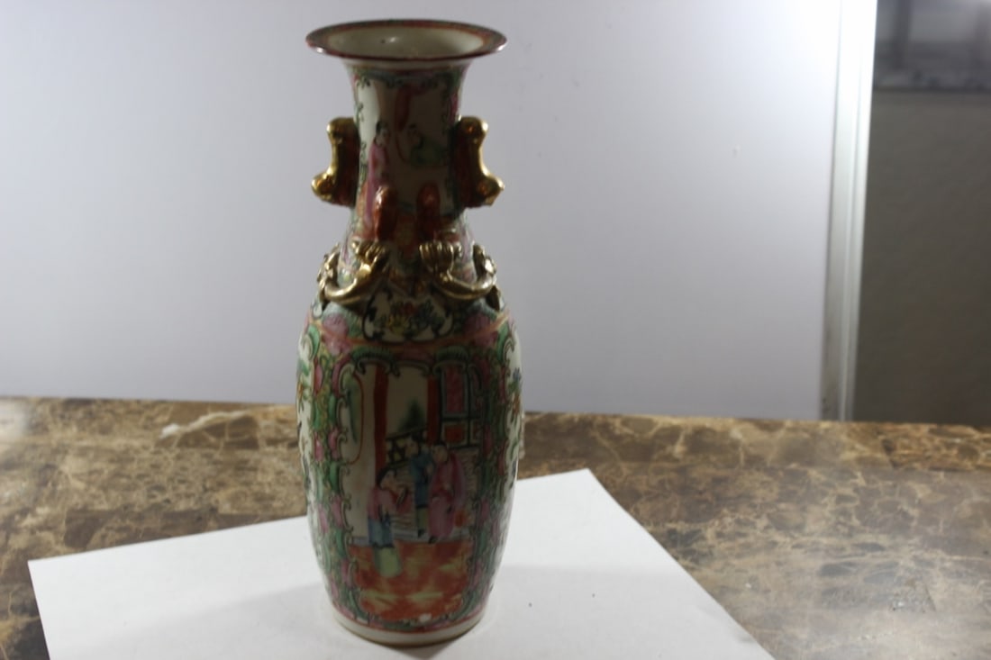 An Early 20th Century Rose Medallion Vase: 9 7/8" tall - please note tight hairline