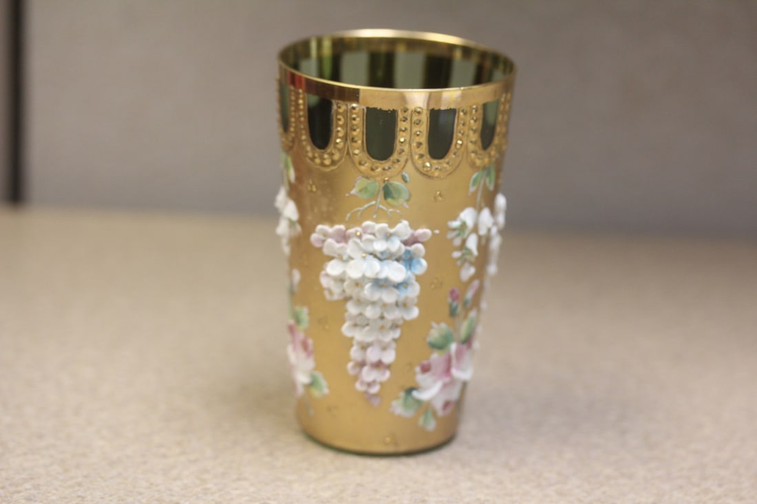 Repousse Green Glass Cup: Gold Gilted - 4" tall