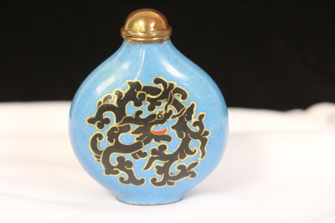 A Chinese Cloisonne and Dragon Snuff Bottle: 2 5/8" tall