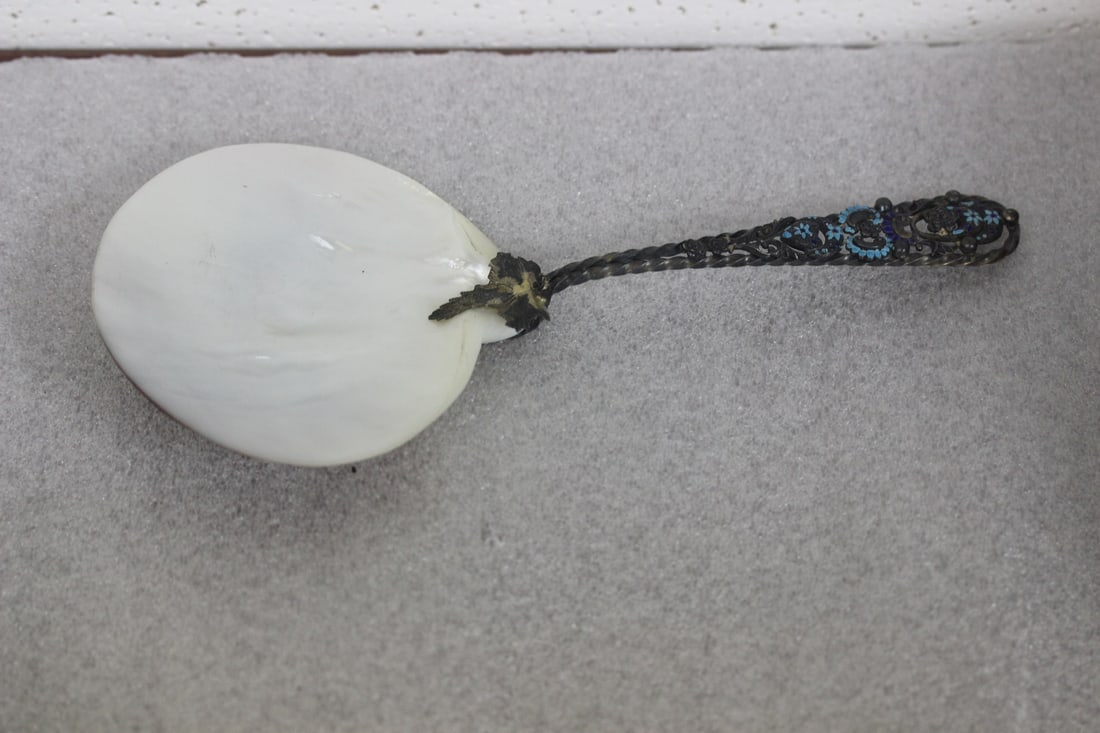 Russian Filigree and Enamel Mother of Pearl Spoon: Most likely Russian - 8 inches long - Marked Sterling