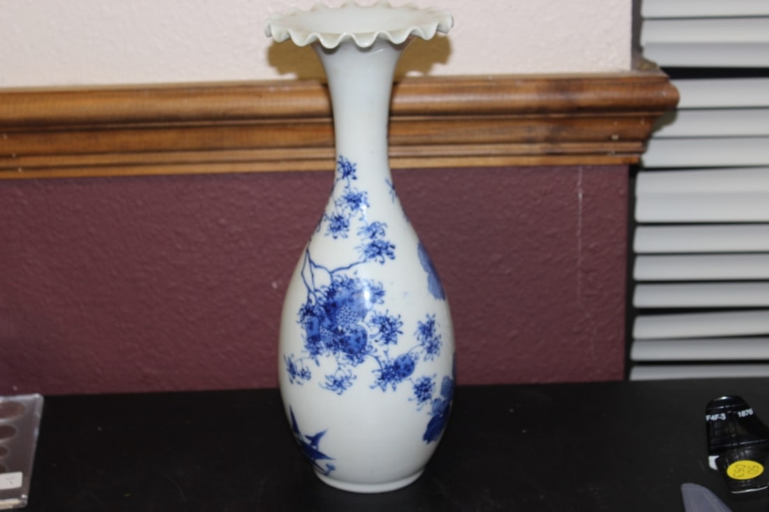 A Japanese Vintage Blue and White Vase: Unmarked, possibly Arita - looks to be old - 10 3/4" tall - Foliated rim porcelain construction