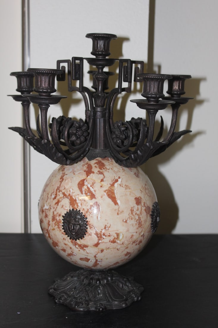An Antique/Vintage Candelabra: heavy marble / metal / bronze - 16 3/4" tall