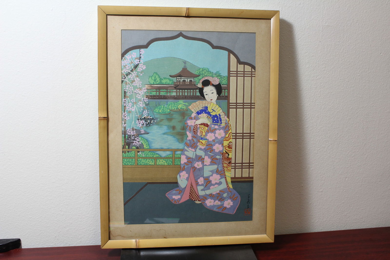 A Vintage Signed Japanese Pastel or Watercolor: pagoda in water - overall= 19" x 14"