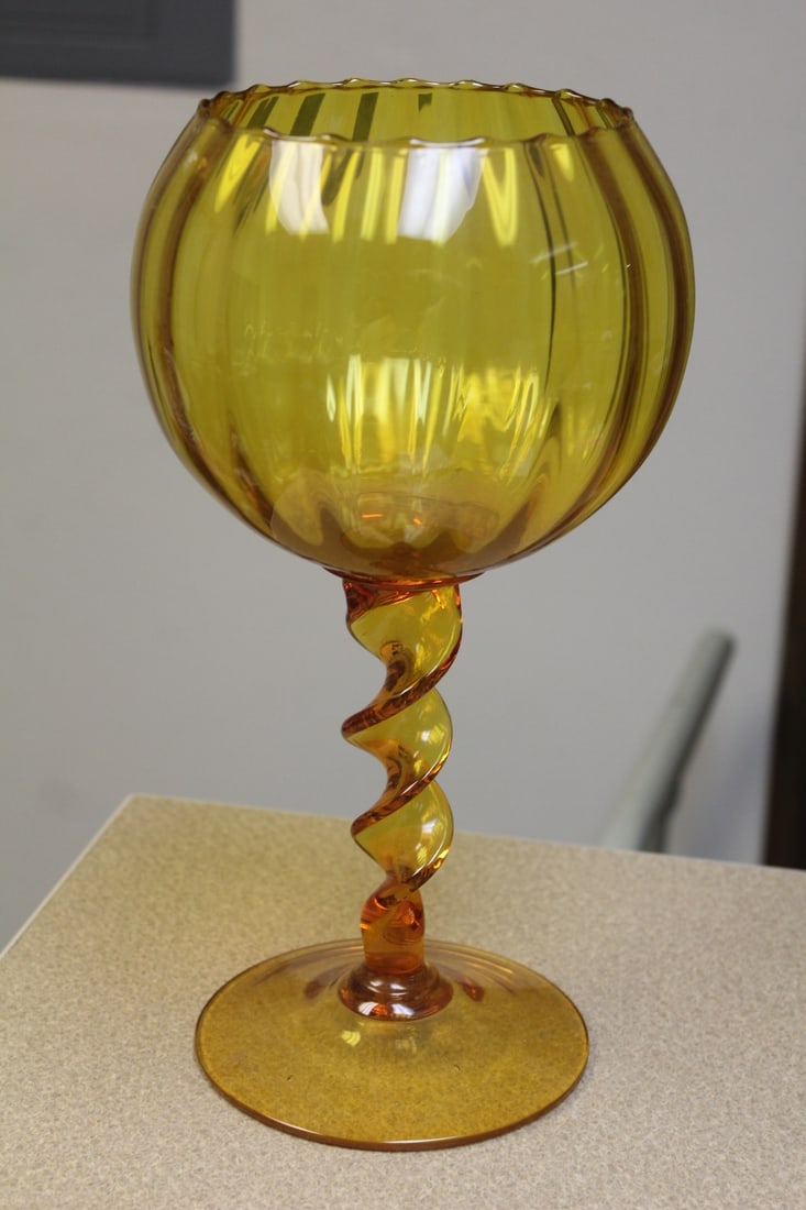 Amber Colour Glass Goblet/Bowl: twisted design - 12" tall