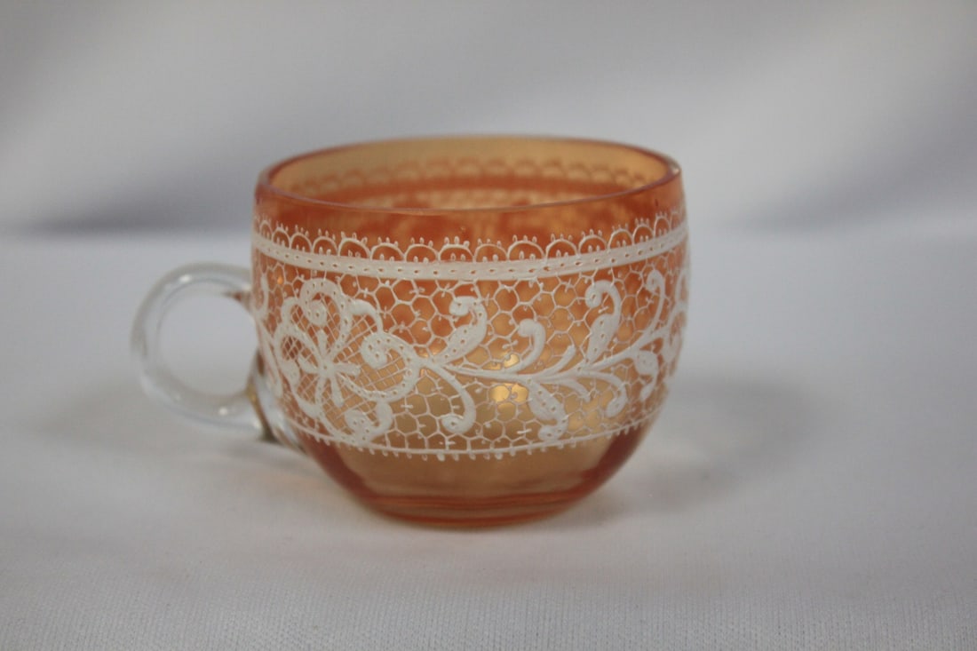 A Handpainted Orange Colour Glass Cup: Unusual colour laces - 2 inches tall