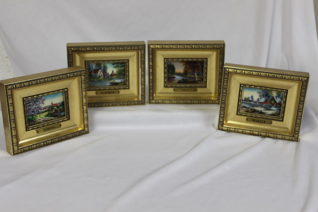 A Miniature Painting on Copper by Limoge: Limited Edition - Very rare - four seasons - by Limoge J Ploup - each overall= 4 3/4" x 4" - sight= 2 1/4" x 1 3/4"