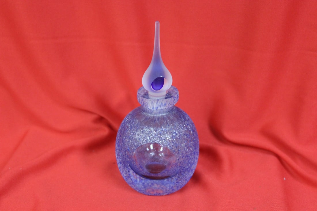 An Art Glass Perfume Bottle: Possibly just a paperweight - can stand on either way - stopper not removable - 6 1/2" tall