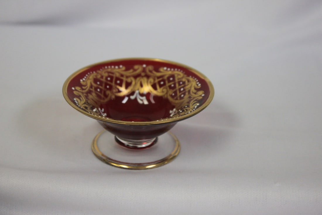 A HandPainted Ruby Red Small Stem Dish: 3 1/8" in diameter