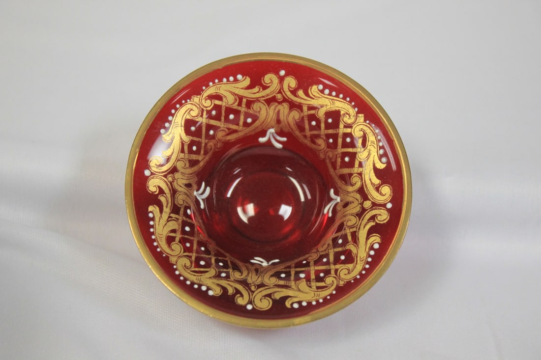 A HandPainted Ruby Red Small Stem Dish - 2