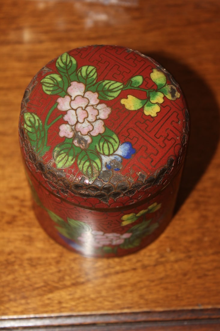 Antique Chinese Cloisonne Cylinder Container: 19th century - please note: losses as shown - 3 1/8" tall