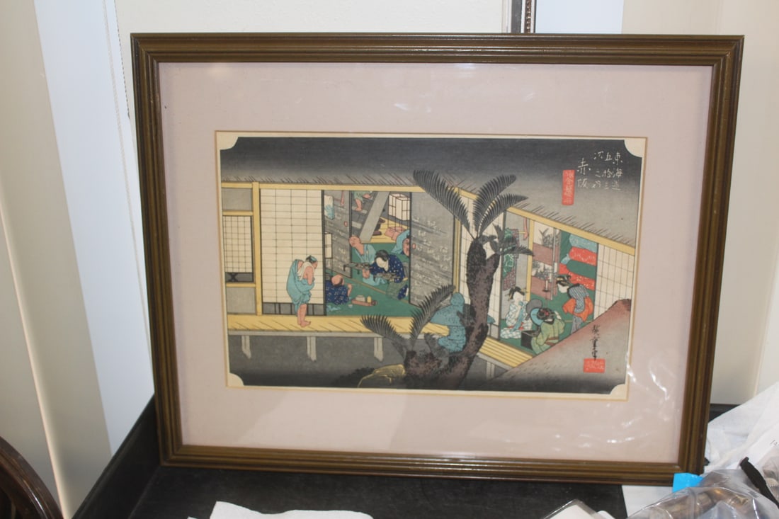 Japanese Woodblock Print: by Hiroshige Ando - signed and framed - overall= 19 3/8" x 15 1/2"