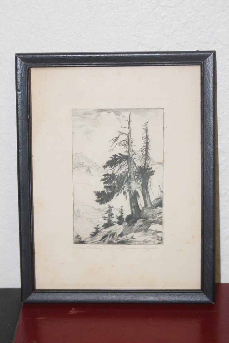 Framed Etching Timberline by Lyman Byxbe: Colorado artist - overall= 8 3/4" x 6 3/4"