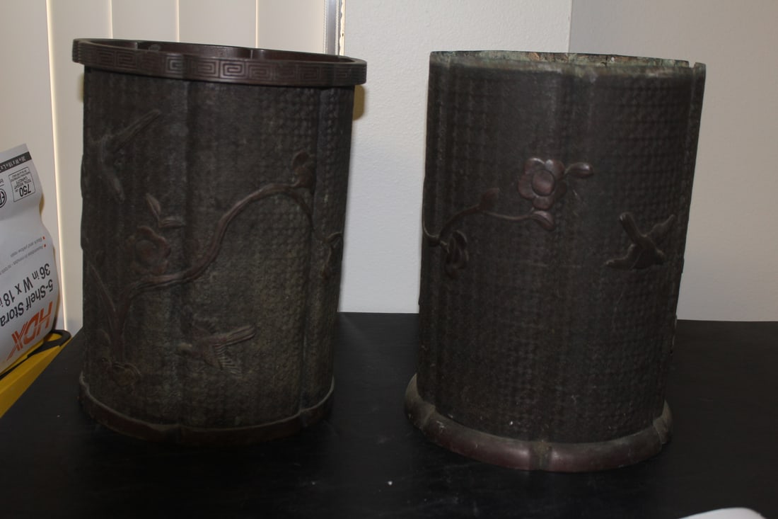 A Japanese Bronze Cylinder Container: Meiji period - please note= needs to be reattached as all the nails are gone - 19th century - when put together it will be approximately 23 1/2 inches tall
