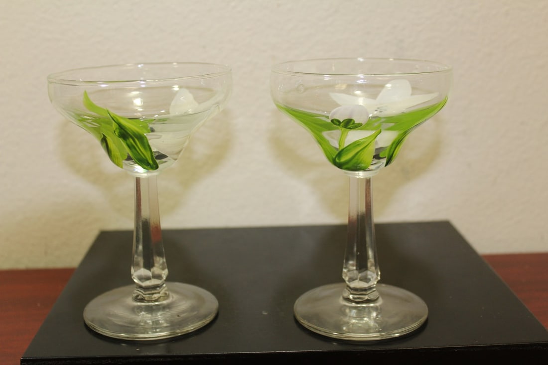 A Pair of Hand Painted Glass Goblets: 5 1/4" tall