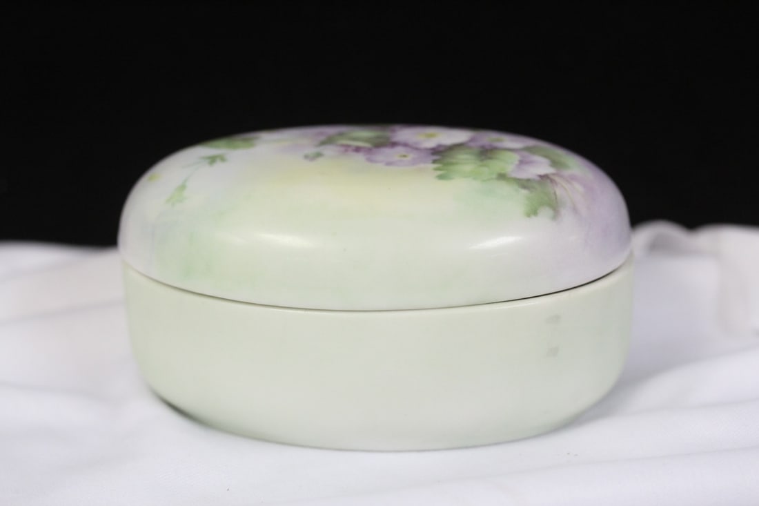 A Signed Nolley? Porcelain Box: hand painted - well made - 4" across