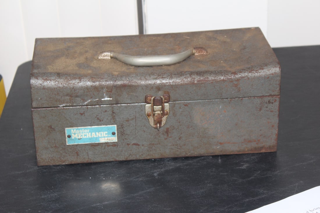 A Mechanics or Tackle Box: old - with contents inside - metal - 15 inches across