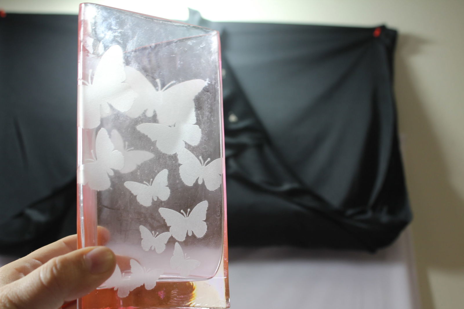 A Pink Etched Glass Butterfly Vase: 7 1/8" tall