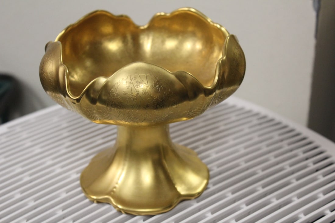 Gold Gilted Porcelain Compote: signed - 5" tall