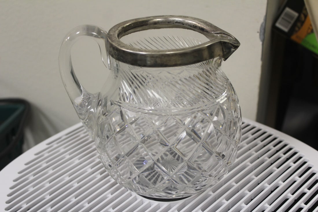 Sterling Rim Cut Glass Pitcher: appeared to be English - 6 1/2" tall