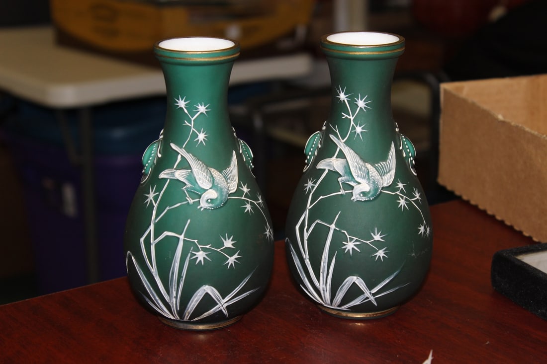 A Pair of Hand Painted Glass Vase: Embossed design - dated: 8-23-1888 - beautiful vases - 6 3/4" tall
